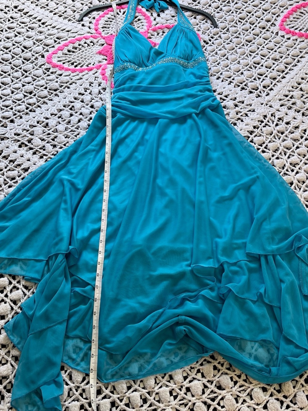 Y2k Turquoise Halter-Back High-Low Fairy  Dress with Rhinestone Accents - Picture 7 of 8